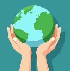 Human hands carefully holding the Earth globe, a symbol of environmental protection, global care, and conservation.