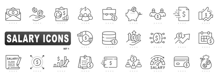 Outline icons show salary, payroll processing, pay slip, bonus growth, budget charts, payday calendar, piggy bank savings and compensation package