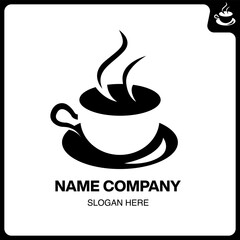 Minimalist black coffee cup logo with steam. A vector icon template for a cafe or beverage company branding identity.