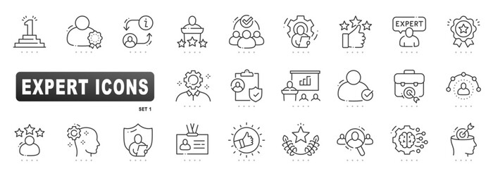 Expert line icons of certification, award podium, talent recruitment, strategy presentation, innovation brain gear convey professional skills and trusted quality