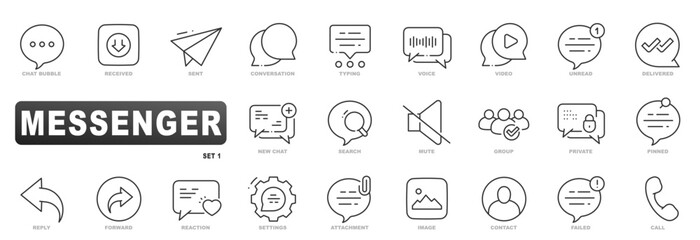 Minimal line icon set with essential chat and messaging symbols: messages, reactions, calls, status, attachments, notifications, privacy, user, and interface tools
