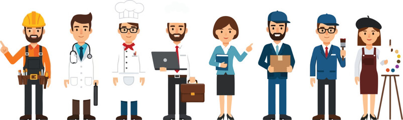 Diverse group of cartoon professionals standing in a row against a plain white background illustration