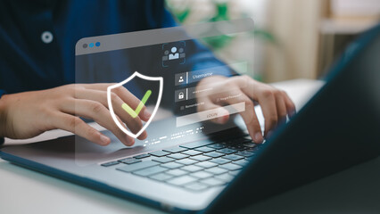 Cybersecurity concept with a person typing login credentials on a laptop, protected by digital shield and password authentication system, symbolizing data protection and secure online access.