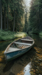 Obraz premium Rowboat floating on a calm river surrounded by a lush green forest
