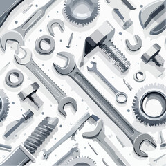 Fototapeta premium Seamless vector pattern with workshop elements—wrench, bolts, gears—ideal for backgrounds or branding.