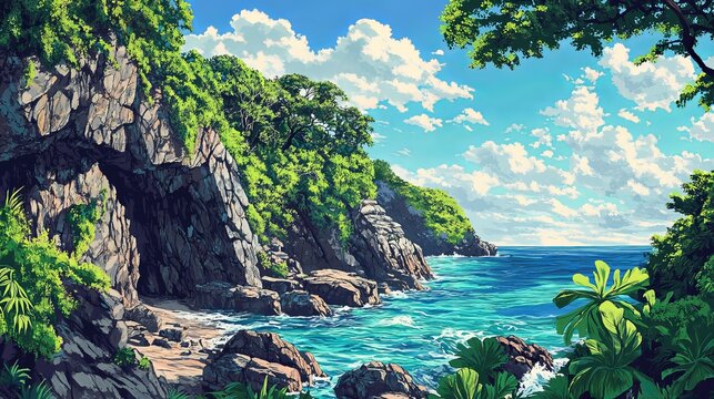 A vibrant coastal scene with rocky cliffs lush vegetation and turquoise water under a cloudy sky - Powered by Adobe