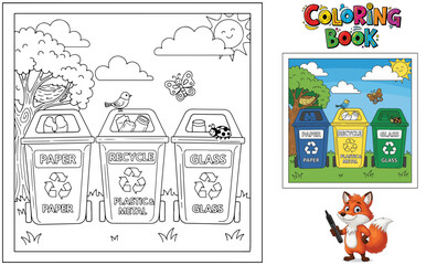 Recycling bins for paper, plastic, and glass in children's coloring book  