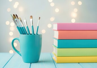 Fototapeta premium Photo of a turquoise mug filled with various art brushes sits on a wooden table next to a stack of colorful books, with soft bokeh lights in the background
