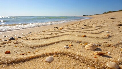 A close-up of soft, sun-warmed sand with delicate wave patterns created by the gentle tide. The golden grains sparkle in the sunlight. Small seashells and tiny fragments of coral texture and detail