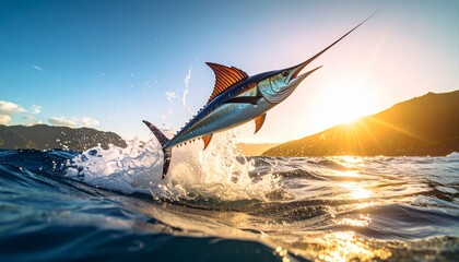 Fototapeta premium Majestic Marlin Leaping at Sunset Ocean Wildlife.