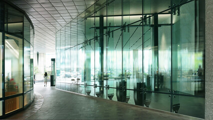 Modern High Rise Building Lobby Exterior with Glass Facade