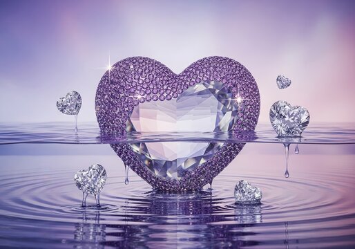 Photo of a sparkling purple heartshaped diamond adorned with glitter, surrounded by smaller diamonds floating on rippling water with a soft purple and pink gradient background