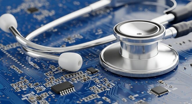 Stethoscope resting on a blue circuit board suggesting medical technology