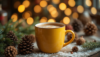 Warm winter coffee scene with a creamy cappuccino in a yellow mug, placed on a cozy table with pinecones and festive greenery