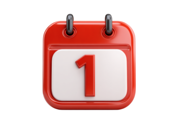 Red calendar icon showing the number one isolated on transparent background