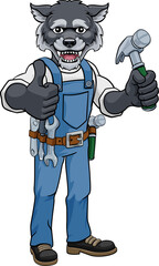 Wolf Mascot Carpenter Handyman Holding Hammer