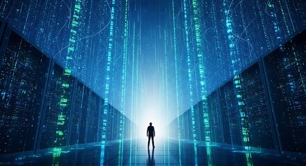 A person standing in a futuristic data center with digital streams