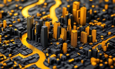 Abstract cityscape aerial view with geometric architecture in black and gold