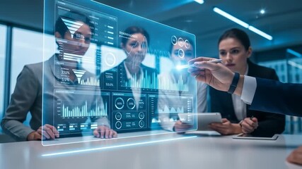 Business team analyzing futuristic digital data dashboard with interactive data visualization, financial graphs, technology innovation, analysis, finance, growth, and strategy planning modern office - Powered by Adobe
