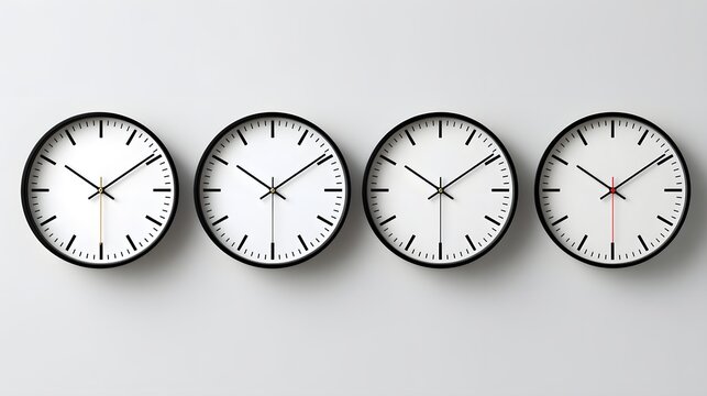 Four Synchronized Wall Clocks Displaying Different Times on a Modern White Background