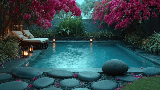 Tropical poolside retreat at dusk