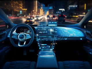 Experience the future of driving with this stunning autonomous vehicle interior showcasing advanced digital dashboards and AI navigation.