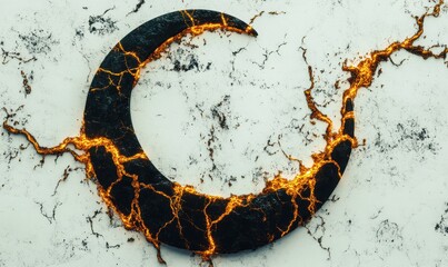 Abstract crescent shape with golden cracks on marble textured background