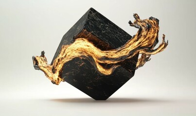 Abstract cube and golden flow in 3 d rendering for art and design concepts