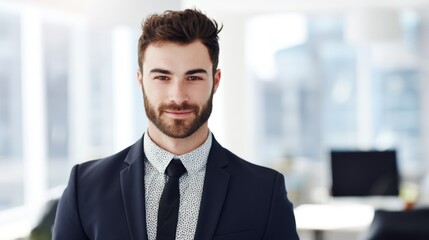 Fototapeta premium A professional man in a navy blue blazer and light blue shirt stands in an office setting,