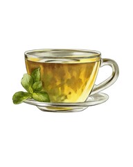 Warm cup of herbal tea on a saucer with fresh mint leaves in a cozy setting