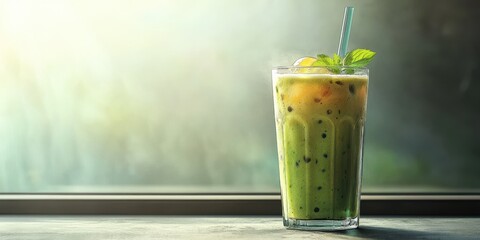 Fresh green smoothie served in a tall glass with mint and citrus garnish in a sunny cafe setting