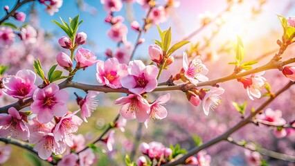 Obraz premium A close-up shot of a peach tree in full bloom, with delicate pink flowers covering the branches. The background is softly blurred, with more flowering trees and a clear blue sky