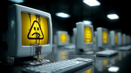 A dimly lit room with vintage computer terminals displaying sad emoticons,