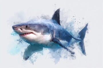 Naklejka premium Watercolor illustration of a great white shark swimming in blue water