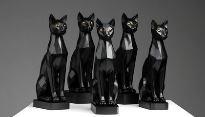 Five black, geometric cat sculptures sit on a white platform against a gray background