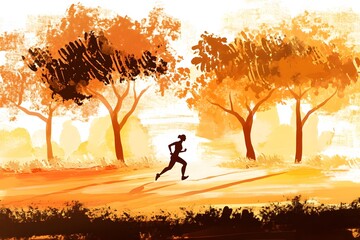 A lone figure enjoys a brisk morning jog through a sun-drenched park path lined with autumn trees