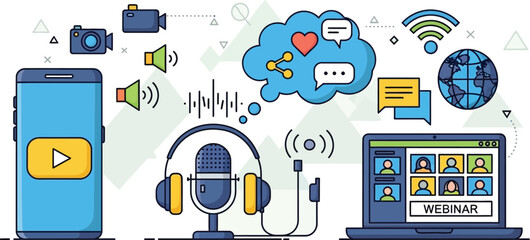 Illustration of online communication devices and webinar platform for remote collaboration