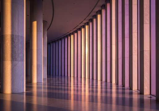 Photo of modern architectural hallway with columns casting dramatic shadows and colorful light patterns on the floor