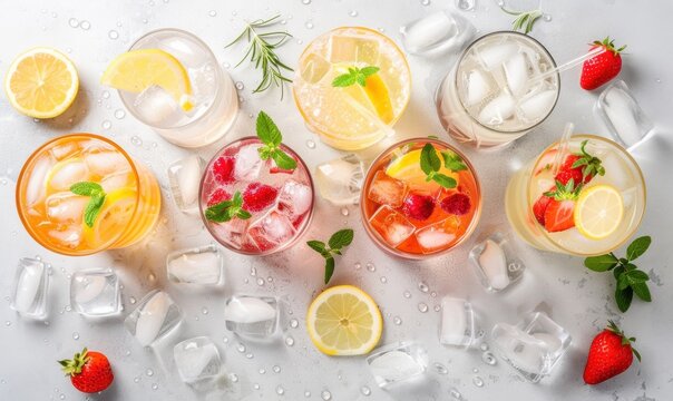 Assorted fruit cocktails overhead arrangement with ice and fresh ingredients