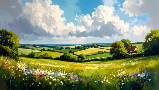 Lush landscape with wildflowers and rolling hills
