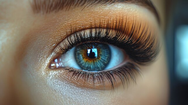 Close-up of a woman's eye with dramatic makeup and false lashes