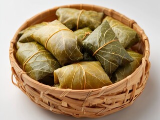 Traditional Bamboo Basket Food Wrapped in Leaves with Twine: Cultural Food Design for Packaging Promotion