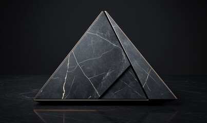 Abstract dark triangular prism on reflective surface minimalist presentation