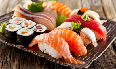 Assorted sushi plate with fresh fish and rice for culinary presentation