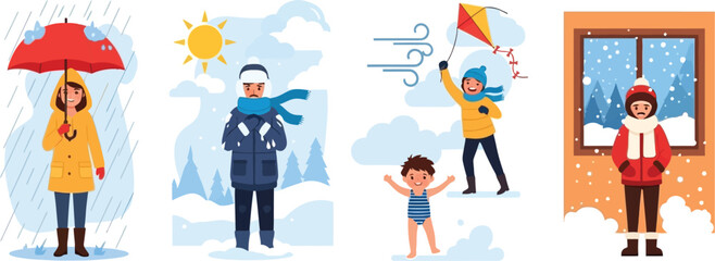 Obraz premium Illustration showing people experiencing different weather conditions and seasons outdoors