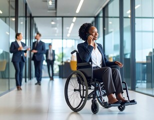 Businesswoman in wheelchair, phone call, office hallway