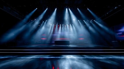 Dramatic esports tournament stage with sleek lighting and reflective floor
