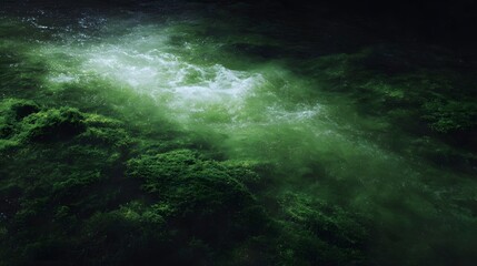 Obraz premium Swirling green algae bloom in a tranquil forest stream