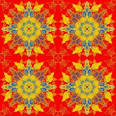 abstract seamless pattern,yellow,blue curves and painted to create flowers shape,leaves with red background in geometric patterns to as sarong,tile,printed fabric,batik,fabric,tablecloth patterns.