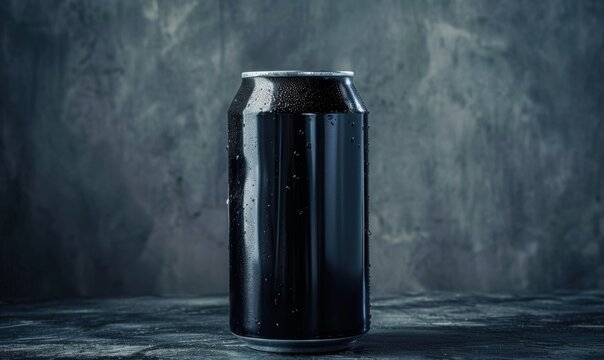 Black drink can with condensation against a dark textured background